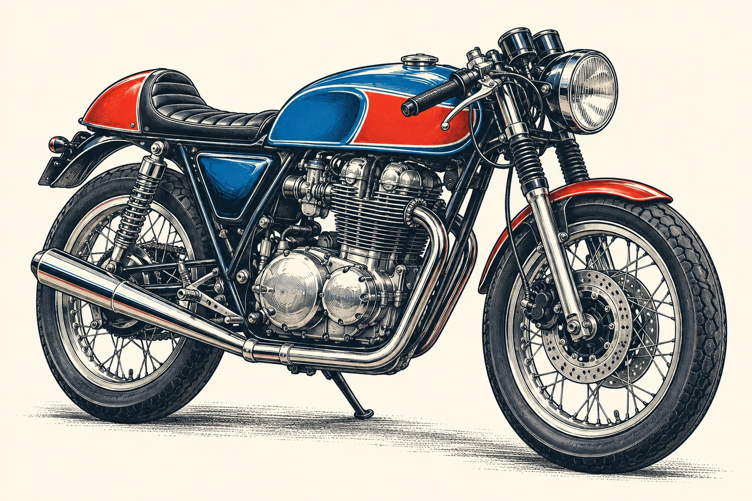 Digitale motorillustratie met fijne contouren en arcering