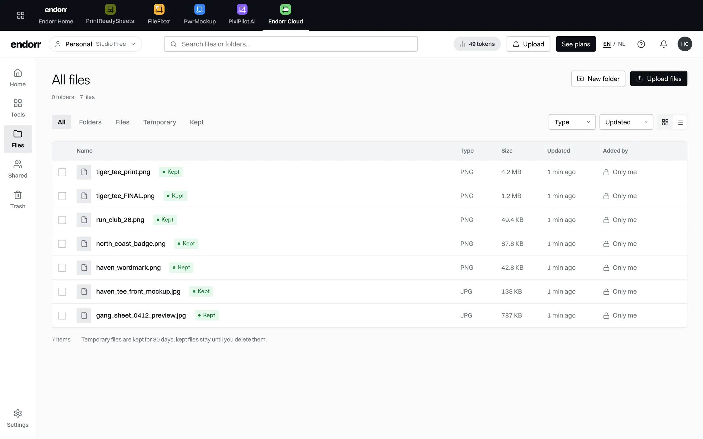 Endorr Cloud-bestandslijst met het originele artwork, drukbestanden, mockup en gang sheet-preview bij elkaar