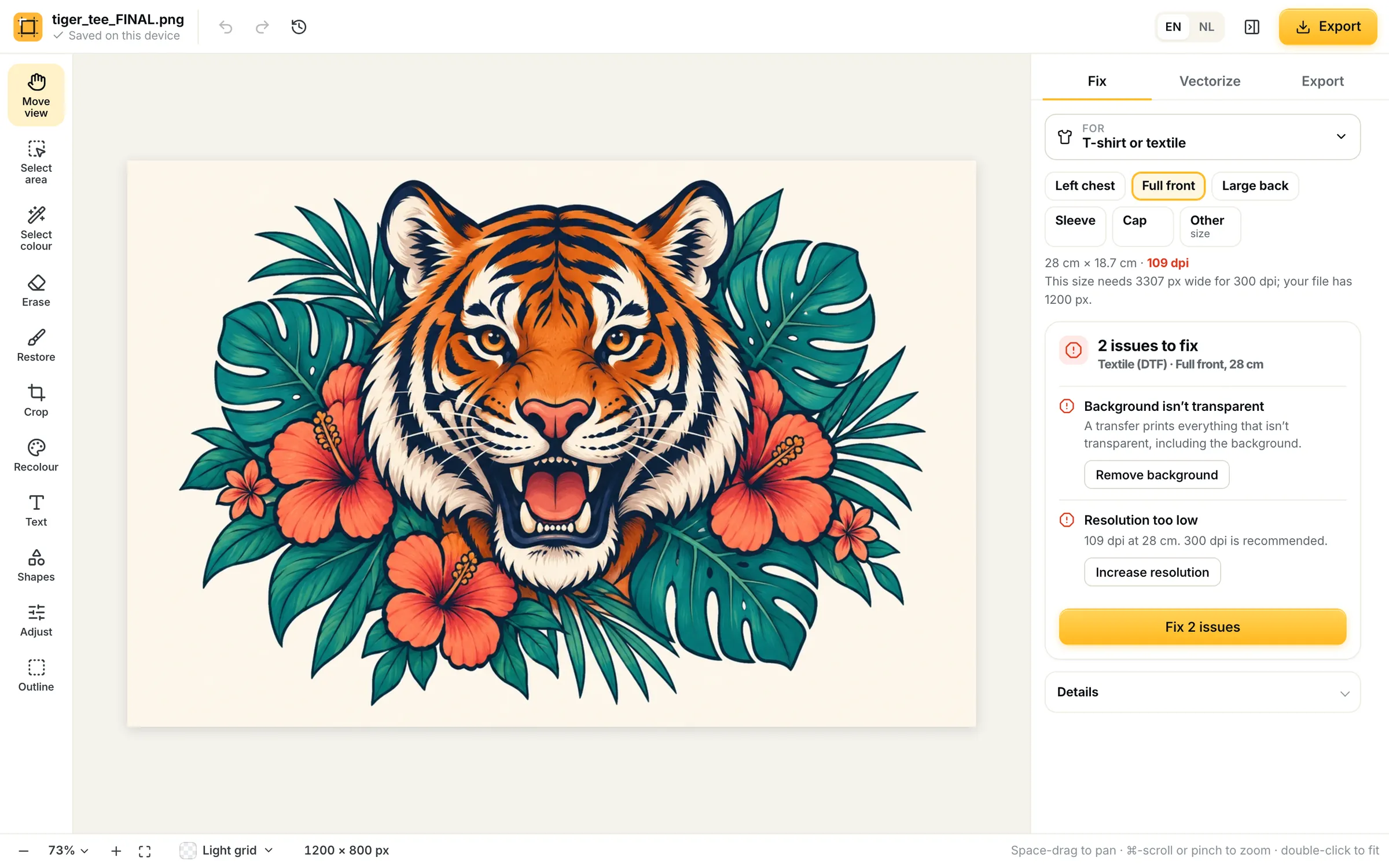 FileFixxr meldt een niet-transparante achtergrond en een resolutie van 109 dpi bij een tijger-shirtontwerp